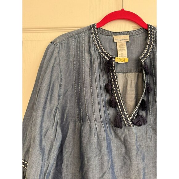 TOMMY BAHAMA M Chambray Embroidered Tiered Coverup Dress Blue Tencel Lyocell - Picture 2 of 8